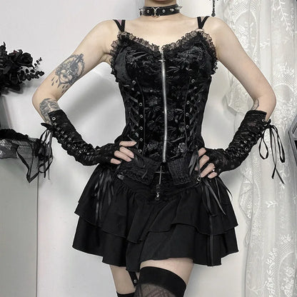 Gothic Black Lace Cross Mini Skirt Y2k Grunge Punk High Waist Pleated A-Line Skirts Vintage Women Girl Aesthetic Alt Clothes