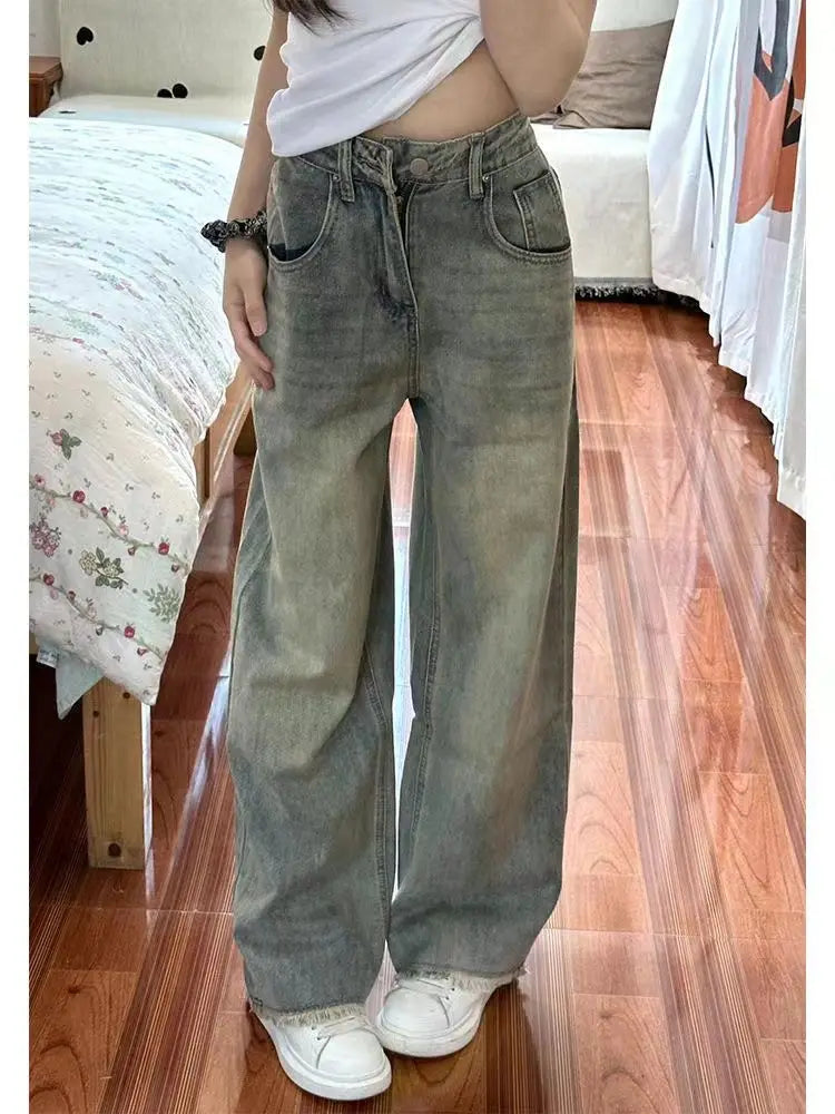 2024 New Retro High Waist Loose Flare Jeans Lady Designer Baggy Wide Leg Pants Korean Version Raw Edge Denim Blue Trousers 957