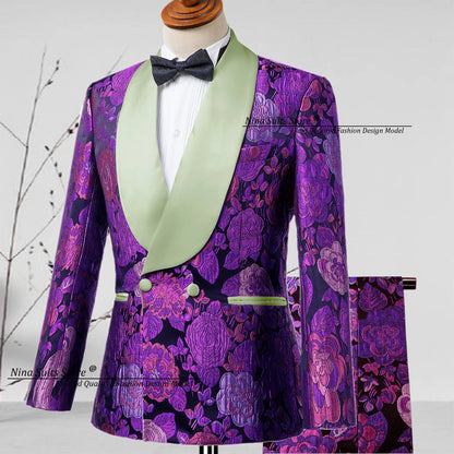 G&N 2025 New Jacquard Suit Men's 2-piece Formal Ball Performance Set Black Satin Collar Purple Rose Red Flower Pattern Costumes