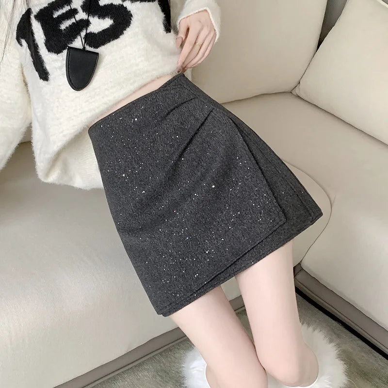 Shiny Sequin A- Line Mini Skirt High Waist Anti-Light Woolen Women's Fashionable Autumn Winter Short Skirt Polyester Blend