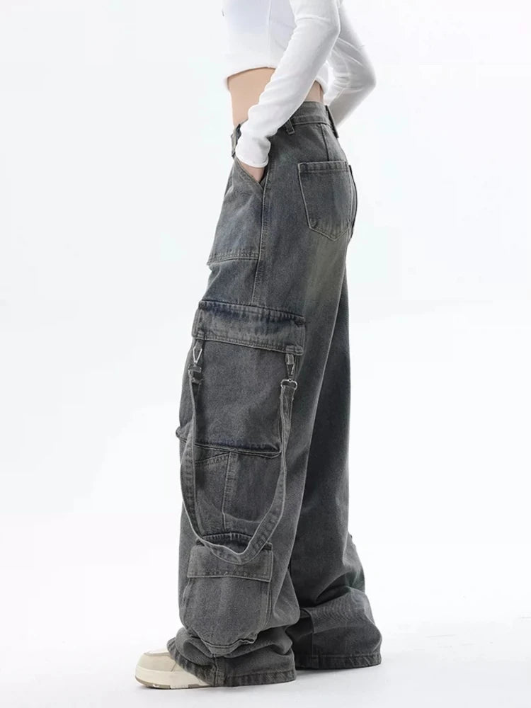 Cargo Jeans for Women Baggy High Street Chic All-match Daily Vintage Ins Waist Trousers Autumn Popular Multi-pockets Classic