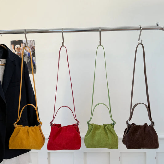 Women PU Leather Crossbody Bag Fashion Suede Shoulder Bag Vintage Small Handbags Tote Female Solid Color Drawstring Bucket Bag