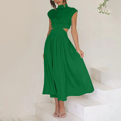 Women's Solid Color Basic Fashion High Waist Hollow Out Sexy Casual Streetwear High Neck Sleeveless Pocket Open Waist Maxi Dress