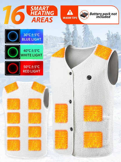 16 Areas Heated Vest Women Electric Heated Jackets Teddy Velvet V-neck USB Electric Temperature Control Winter Thermal Warm Vest