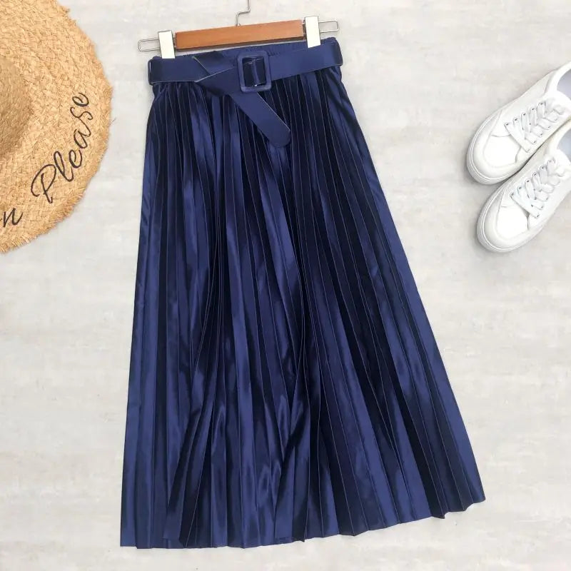 Seoulish 2025 New Solid Elegant Stain Women's Pleated Skirts with Belted High Waist Skirts Mi-long Umbrella Skirt Spring Summer
