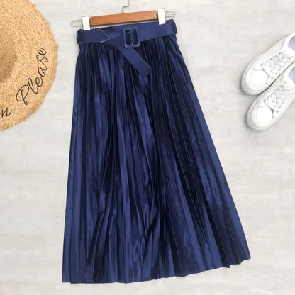 Seoulish 2025 New Solid Elegant Stain Women's Pleated Skirts with Belted High Waist Skirts Mi-long Umbrella Skirt Spring Summer