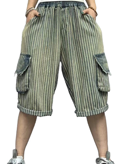 Amax luluE Summer Womens Fashion Striped Denim Pants Females Loose Leisure Elastic Waist Jeans Classic Vintage Luxury Trousers