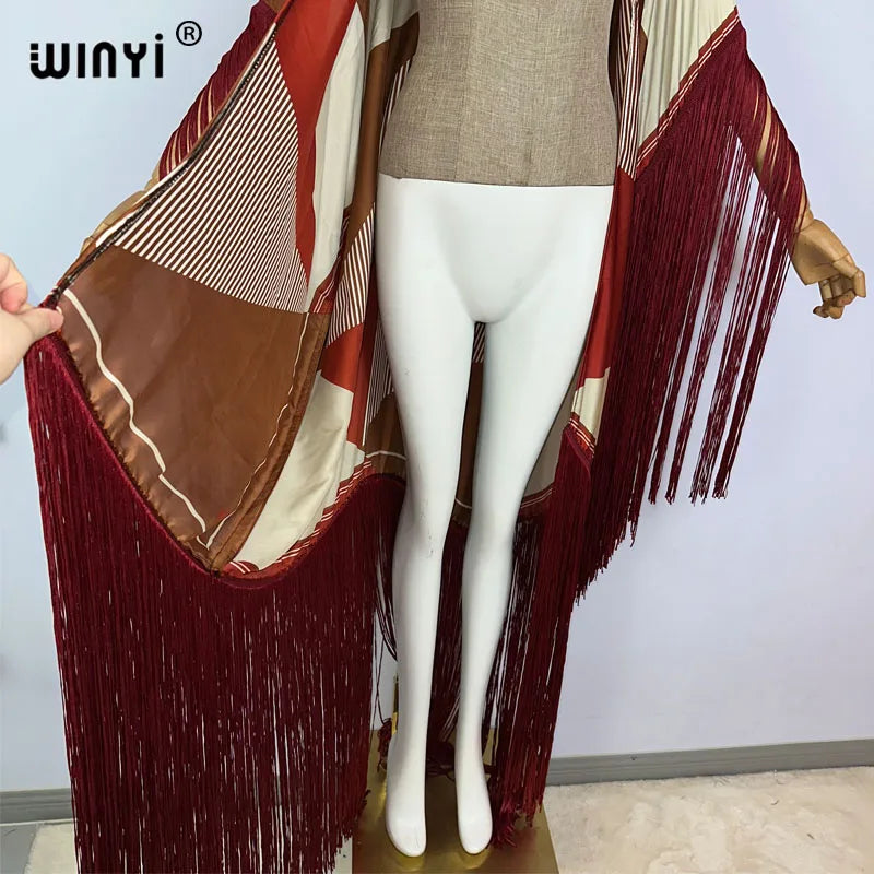 WINYI kimono cover-ups summer boho print Bikini Cover-up Elegant fashion Cardigan sexy Holiday long Sleeve tassels maxi dress