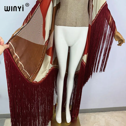 WINYI kimono cover-ups summer boho print Bikini Cover-up Elegant fashion Cardigan sexy Holiday long Sleeve tassels maxi dress