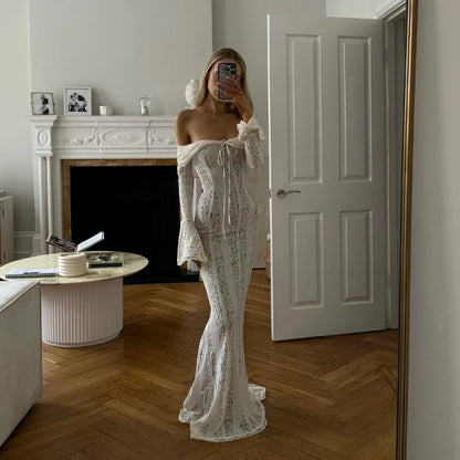 Suninheart Lace Off-shoulder Sexy Maxi Dress Women Strapless Backless Long Sleeve Bodycon Evening Club Party Long Dress Elegant