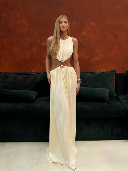 Sisterlinda Metal Patchwork Waistless Long Dresses Women o-Neck Sleeveless Summer Vacation Y2K Style Ruched Elegant Vestidos