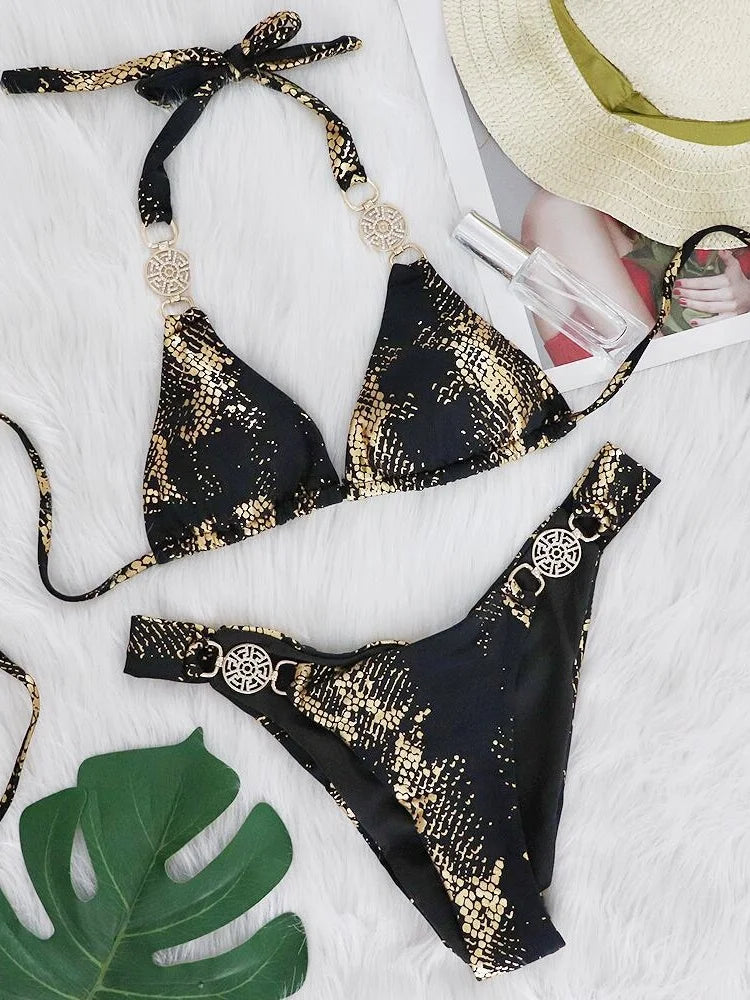 Bikinis Women White Snake Skin Print Rhinestone Micro Swimsuit 2025 Luxury Brazilian Push Up Beach Bathing Suit Thong Swimwear