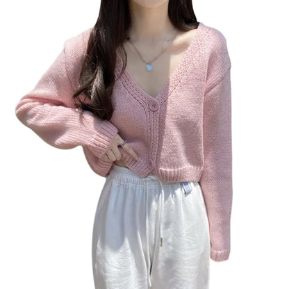 Women Autumn Long Sleeve Sweater Cardigan Sexy V-Neck Button Down Cropped Jacket Sweet Solid Candy Color Loose Knitted Outwear