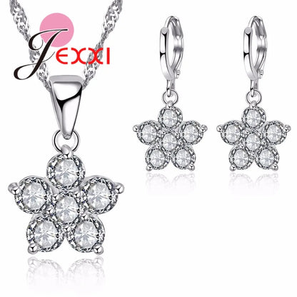 Gorgeous Flower Jewelry Sets Micro Inlaid White Round Crystal 925 Sterling Silver Brand Pendant Necklace/Dangle Earrings