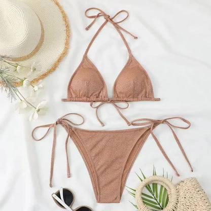 2025Sexy Bikini Set Shiny Triangle Bikinis Bandage Swimsuit Women Two Piece Swimwear Summer Biquini New Beachwear Push Up Bikini