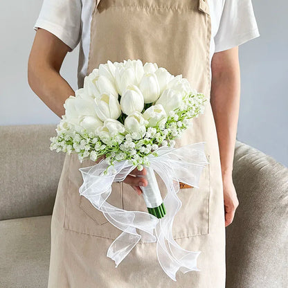 Bride Bouquet Wedding Flowers Bridal Bridesmaids PU Tulip Baby's Breath Artificial Flowers Table Centerpieces Prom Accessories