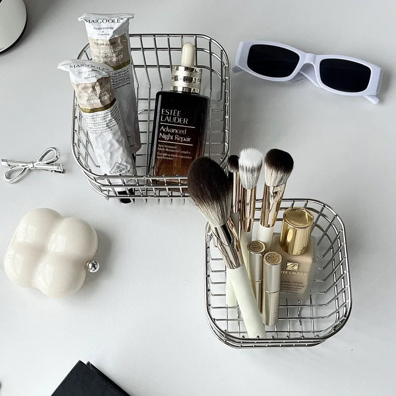 Iron Storage Basket Square Metal Bin Organizer For Bathroom Vanity Cosmetics Skincare Masks Lipsticks Countertop Holder
