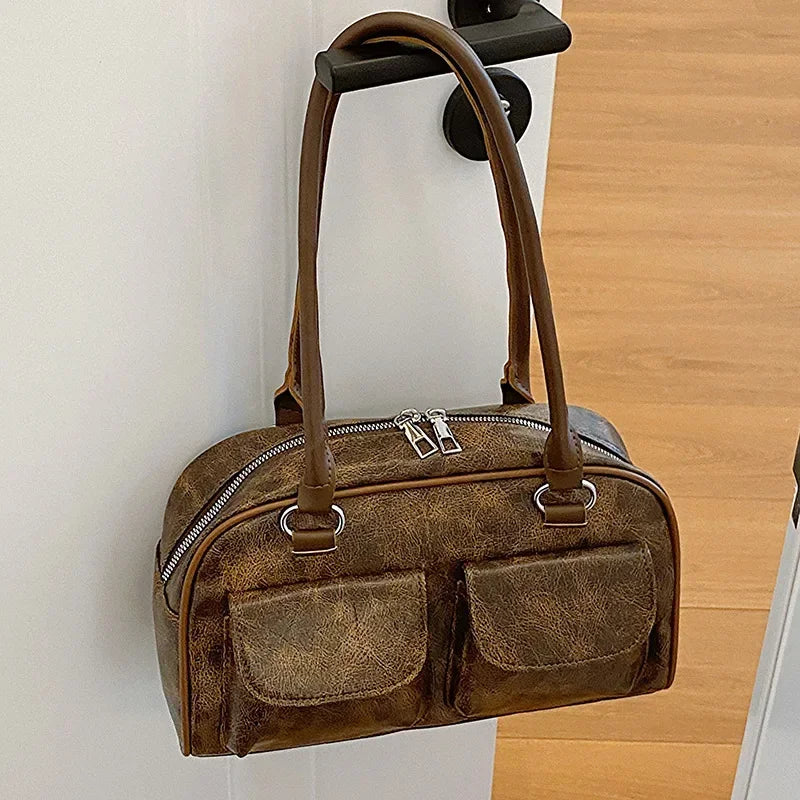 Retro Small Double Pockets Shoulder Bags for Women 2026 New Fashion Trend Designer Underarm Bag Female Handbags and Purses
