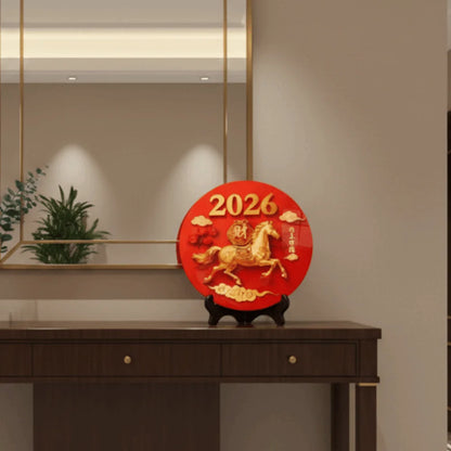 Horse Year Decorative Paintings Ornament Round Good Luck Desktop Ornament Wooden Funny Home Decor Ornament TV Cabinets