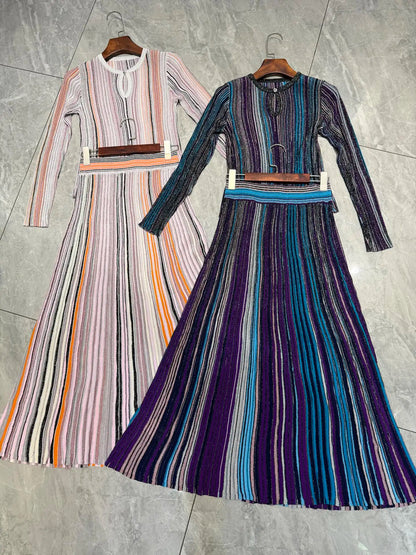 Women Metallic Sequined Striped Long Sleeve Knit Top+ Elastic Waist Long Skirts Sets