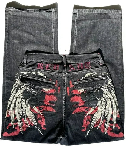 American Fashion Trend Joker Pattern Embroidered Loose Jeans Women Street Y2K New Hip Hop Oversized Wide-leg Pants Unisex Jeans