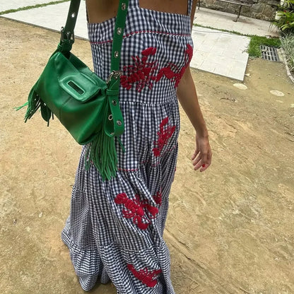 HXAO Women Ruffle Embroidery Slip Dress Sleeveless Plaid Dress Pleated Backless Beach Dress Holiday Woman Summer Dress 2024