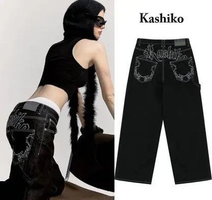 Embroidered Floral Pattern Jeans Female Retro American Fashion Pants Harajuku Casual Relaxed Korean Of Commuter Straight Pants
