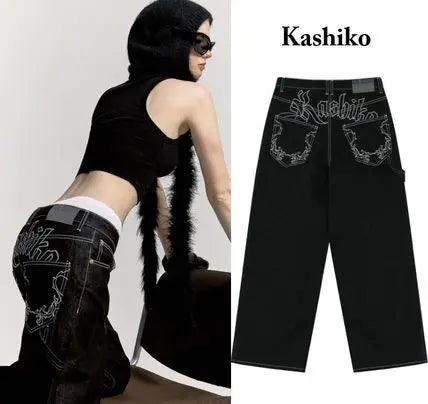 Embroidered Floral Pattern Jeans Female Retro American Fashion Pants Harajuku Casual Relaxed Korean Of Commuter Straight Pants