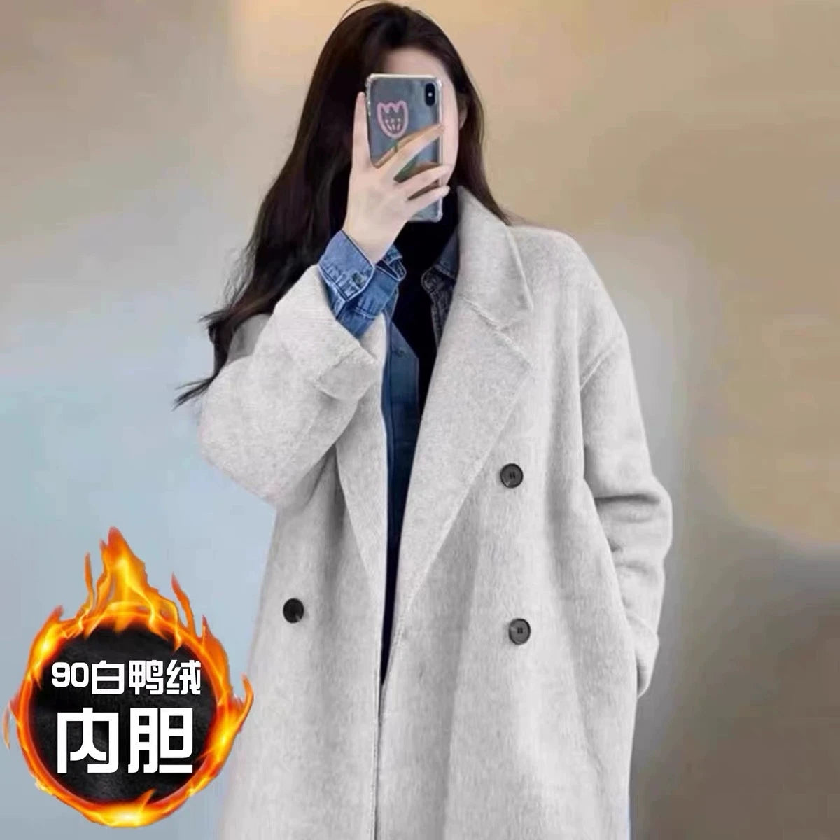 Grey Double-sided Cashmere Coat Women's 2025 Winter New Korean version Loose Thick Down Woolen Coats Solid Casual Long Overcoat