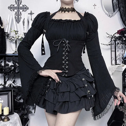 Dark Gothic Vintage Shirt Women's Off-the-shoulder Bell-sleeve Halter Top Y2K Harajuku Sexy Long-sleeve Top Lady Sets