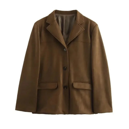 Talenza Vintage Women's Suede Leather Jacket Single Breasted Lapel Brown Blazer Loose Coats 2025 Autumn Office Lady Outerwears