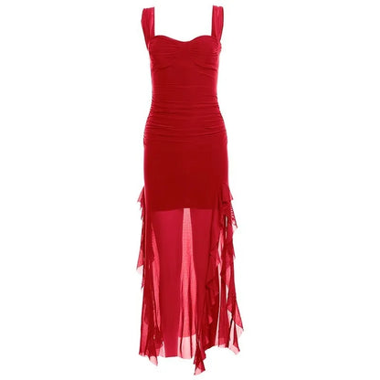 SylCue Ruched Ruffle Elegant Dress Women Sexy Off Shoulder Backless Mesh See Through Splits Hem Midnight Prom Party Long Bodycon