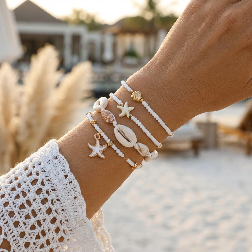 Cute Coral Starfish Shell Multi-Layer Bracelet for Women Ocean Series Fashion Stackable Beaded Jewelry Accessories