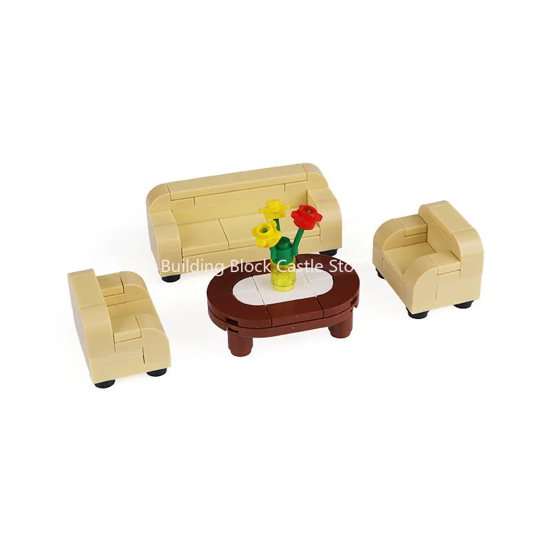 MOC Modern Home Sofa, TV Cabinet, Furniture, Refrigerator Small Particle Building Block Scene Construction Toy Model