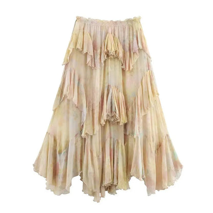 Summer 2025 Long Printed Layered Decorative Skirt Women's Faion Design High Waist Midi Skirt Floral Patterned Skirts