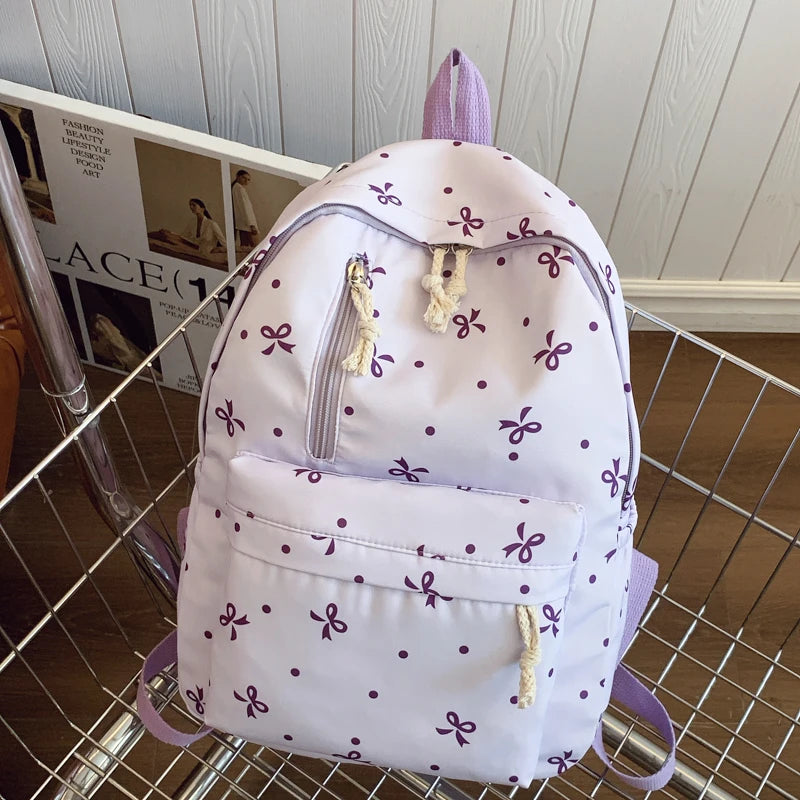 For Daily Use Back To School Season Playful Bow Print Quilted Backpack with Multi Pocket Adjustable Straps Large Capacity