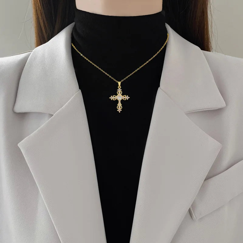 Sweet Cool Hollow Cross with Zircon Pendant Necklace for Women Girls Stainless Steel Chain Punk Cross Accessories Jewelry Gifts
