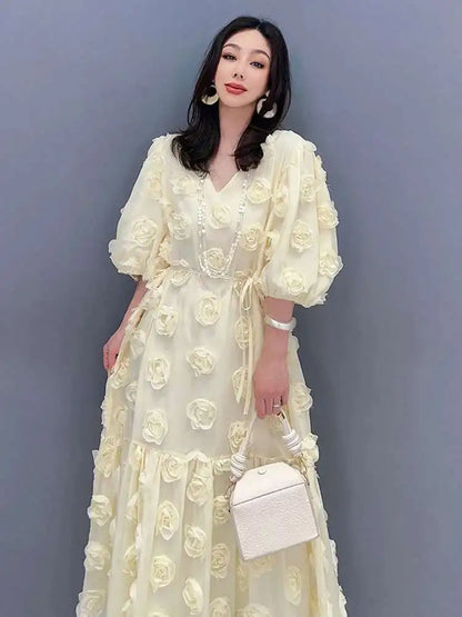 SHENGPALAE Fashion Rose Blossom Bubble Sleeve V-Neck Dress Elegan Chic Short Sleeve Robe Women's 2024 Summer New Clothing 5R3438