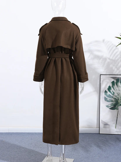 Elegant Solid Women Woolen Long Coats Loose Lapel Double-breasted Full Sleeve Shoulder Pads Overcoat 2026 Spring New Outerwears