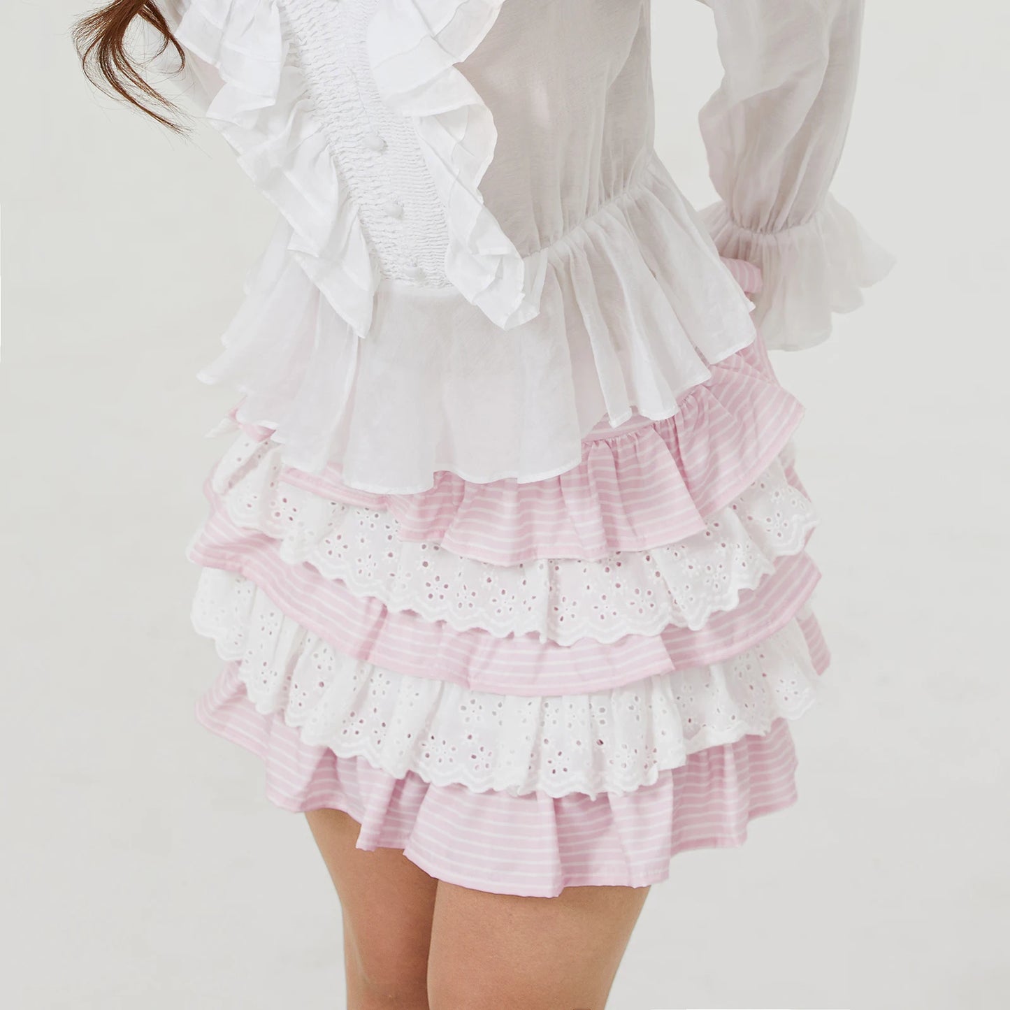 Striped Lace Ruffles Layered Mini Skirts Women Lolita High Rise Tiered A-Line Skirt School Uniforms Streetwear Aesthetic Clothes