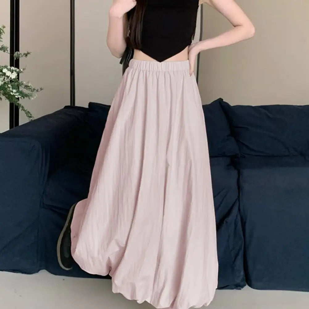 Elasticated Waist Skirt Elastic High Waist Bubble Maxi Skirt with Ankle-length Lantern Design Solid Color A-line for Spring