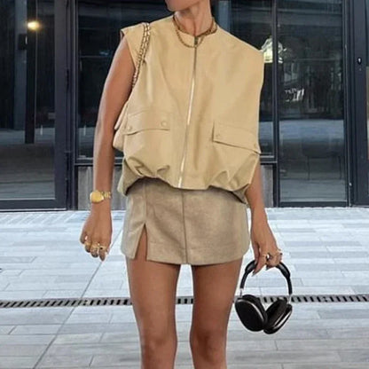 Women Fashion With Pockets Pleated Front Zipper Vest Sleeveless Jackets Vintage O-Neck Waistcoat Female Chic Tank Tops