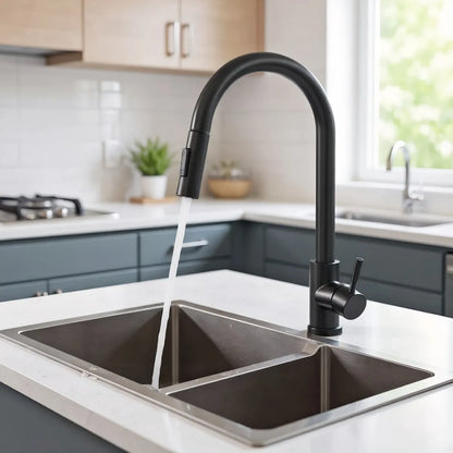 Brushed Black Rotating Kitchen Sink Faucet, Single Hole, Single Handle, Pull-Out Sprayer/Mixer Faucet