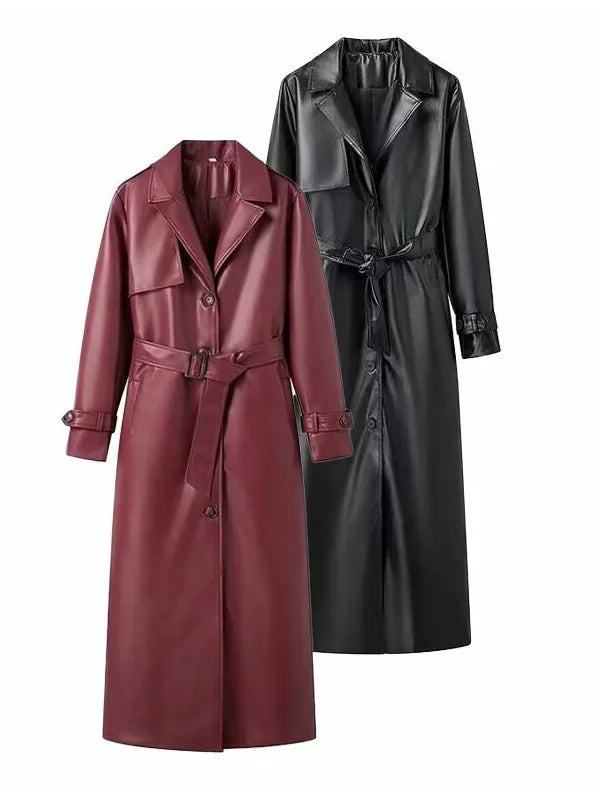 Vintage Pu Leather Extra Long Trench Coat Women Lapel Single-breasted Overcoat With Belt 2025 New Autumn Winter Lady  Outwear