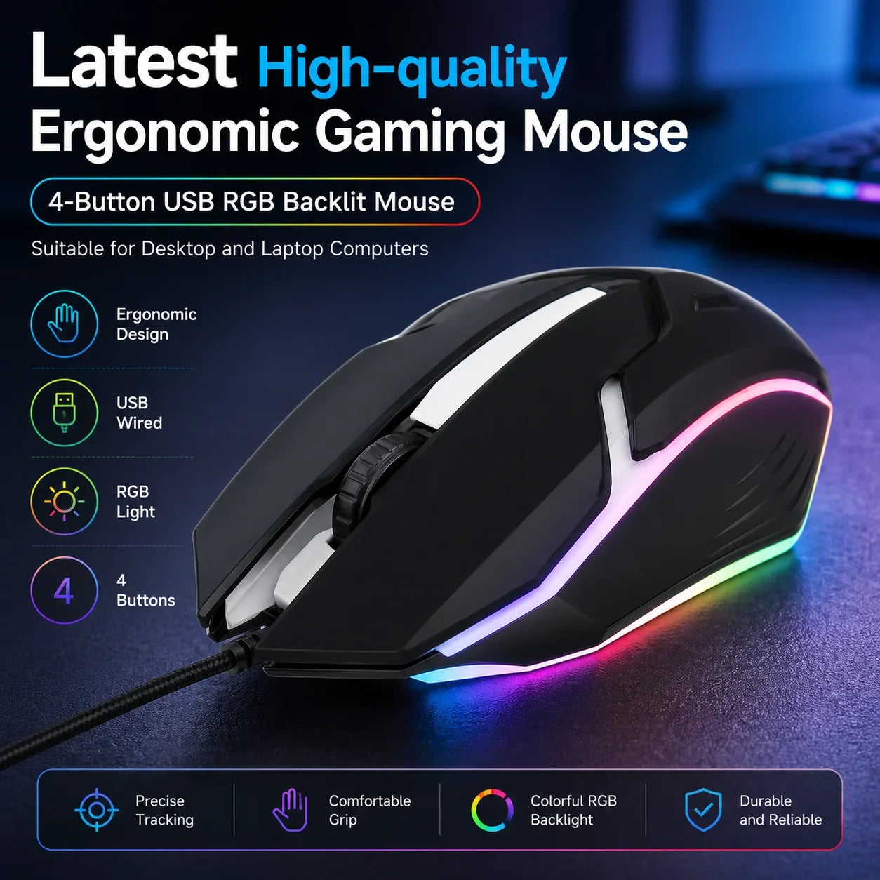 Latest High-quality Ergonomic Gaming Mouse, Suitable for Desktop and Laptop Computers, 4-button USB RGB Backlit Mouse
