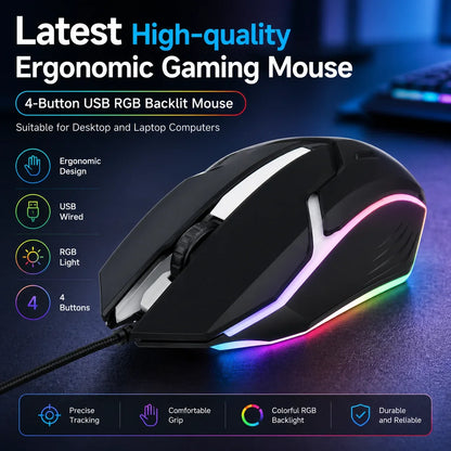 Latest High-quality Ergonomic Gaming Mouse, Suitable for Desktop and Laptop Computers, 4-button USB RGB Backlit Mouse