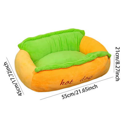 Winter Hot Dog Pet Bed - 3D Hot Dog Bun Style Cat and Dog House, with Removable Pillow and Orthopedic Memory Foam