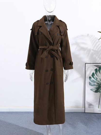 Elegant Solid Women Woolen Long Coats Loose Lapel Double-breasted Full Sleeve Shoulder Pads Overcoat 2026 Spring New Outerwears