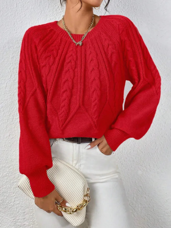 2025 Autumn/Winter New Women's Solid Color Cable Knit  Pullover Sweater Basic Soft Sweaters For Women Jacquard Tops