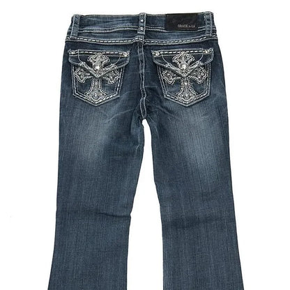 Y2k Retro Gothic High Waited Jeans Hot Diamond Embroidery Pattern Blue Jeans Woman Hip Micro Horn Baggy Jeans Street Clothing